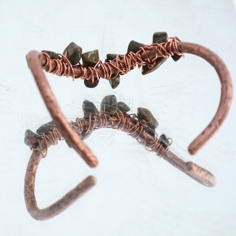 Unakite Copper Cuff Wire Wrapped Bracelet Reiki - Picture 3 of 7